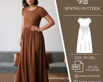 Linen Women sewing Dress, PDF pattern, Gathering skirt, smock dress pattern, easy sewing dress with pockets, XS to 5XL