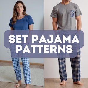 May include: Two sets of pajamas, one blue and white plaid and one gray and blue plaid. The text "SET PAJAMA PATTERNS" is displayed in a purple box.