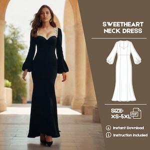 Puede incluir: Un patrón de costura digital para un vestido con escote de corazón, mangas largas y un corpiño ajustado. El patrón incluye instrucciones y está disponible en tallas XS-5XL. El patrón está disponible para descarga instantánea.
