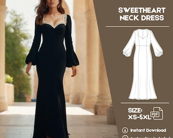 Elegant Evening Gown Sewing Pattern, Long Bishop Sleeve Formal Dress, Sweetheart neckline Dress, PDF Sewing Pattern, Maxi Dress