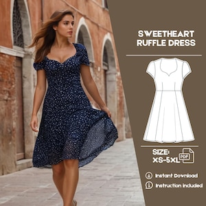 May include: A digital sewing pattern for a sweetheart neckline ruffle dress. The pattern includes instructions and is available in sizes XS-5XL. The pattern is shown on a model wearing a blue and white floral dress.