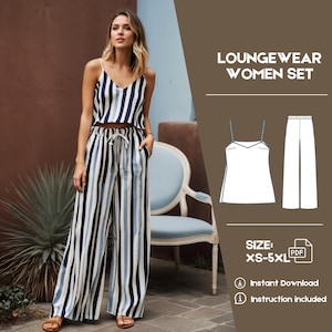 Bundle Spaghetti top and elastic set pants wide leg, sewing patterns summer bundle easy sewing pattern XS - 5XL instant PDF download