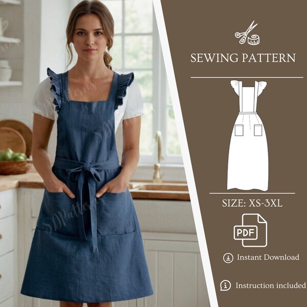 Easy Apron Pattern, Retro Pinafore, PDF Download Apron dress pattern, Ruffle Apron Sewing