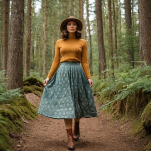May include: A woman wearing a mustard yellow sweater and a blue and white floral skirt walks through a forest. She is wearing a brown hat and brown boots.