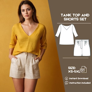 Set Linen V-neck Tunic and Pleated Shorts, PDF Sewing Pattern, Bundle Patterns, Half Sleeve, Linen Summer Capsule Wardrobe
