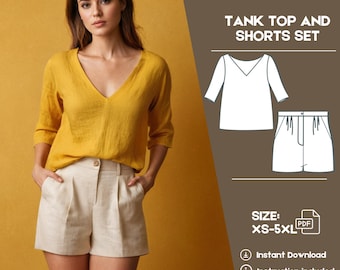 Conjunto de túnica de lino con escote en V y pantalones cortos plisados, patrón de costura en PDF, patrones en paquete, manga corta, armario cápsula de verano de lino