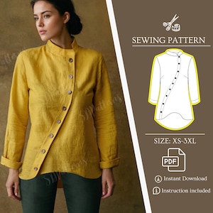 Asymmetrical Tunic PDF Sewing Pattern, Linen Blouse Pattern, Women Clothing Sewing Patterns
