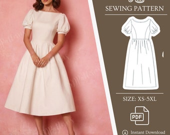 Midi Dress Sewing Pattern, Cottagecore Dress Pattern, Women Dress Digital Pattern, Puff Sleeve Dress PDF Pattern, Easy Pattern Instructions