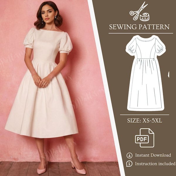 Midi Dress Sewing Pattern, Cottagecore Dress Pattern, Women Dress Digital Pattern, Puff Sleeve Dress PDF Pattern, Easy Pattern Instructions