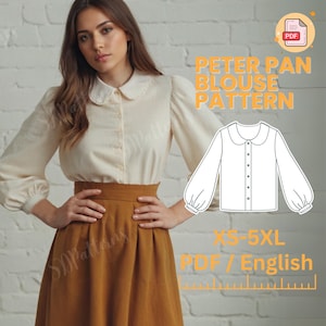 May include: A woman wearing a cream-colored Peter Pan collar blouse and a brown skirt. The image includes a pattern illustration of the blouse and text that reads "Peter Pan Blouse Pattern" and "XS-5XL PDF / English".