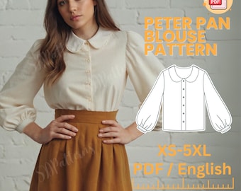 Peter Pan Collar Blouse, Bishop Sleeve, Sewing Pattern, PDF Letter A0 Pattern, English Instructions, Vintage Blouse, Shirt, Buttoned Blouse