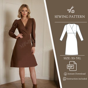 Dress sewing pattern, wrap V Neck dress, evening three quarter lantern sleeve, pdf pattern