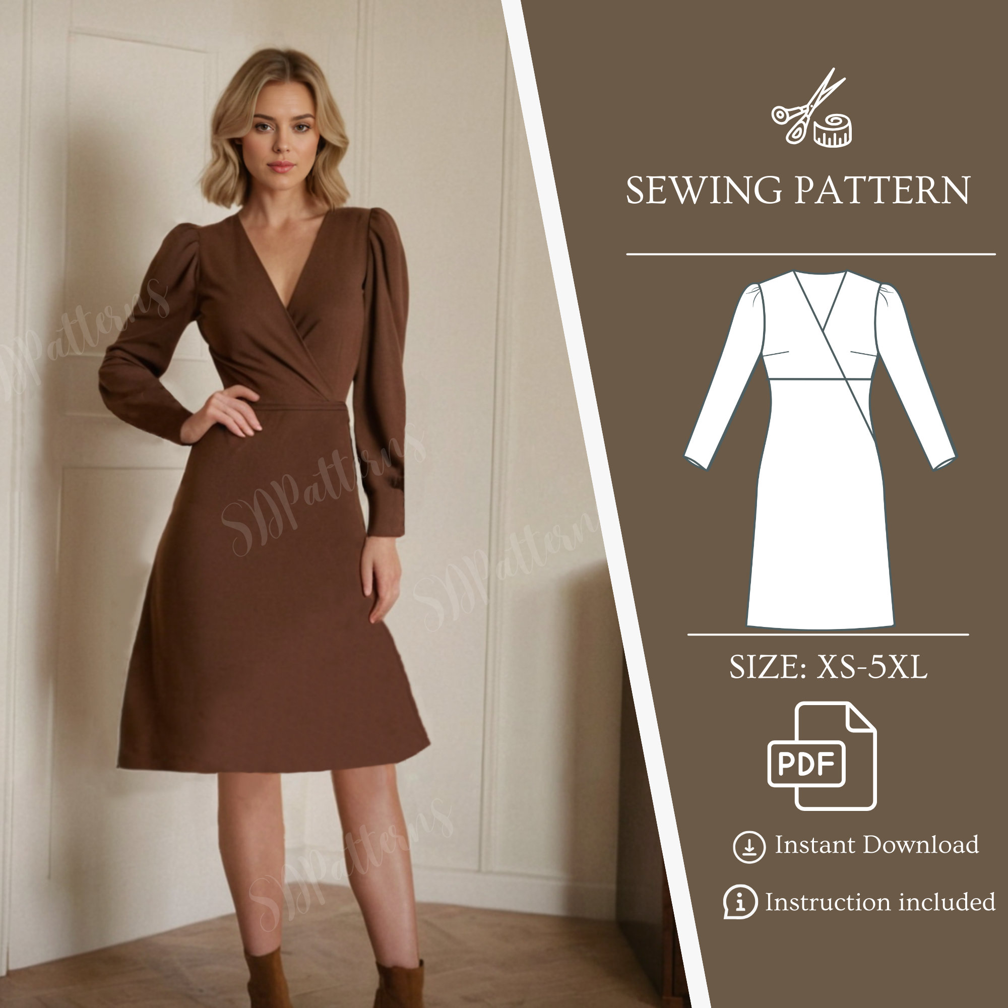Dress Sewing Pattern, Wrap V Neck Dress, Evening Three Quarter Lantern  Sleeve, Pdf Pattern - Etsy