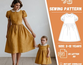 Set Dress Mother Daughter, Sewing Pattern, Peter Pan Collar, Puff Sleeve Dress, Linen Dress, Gathered Skirt, 2-12 years old, XS-5XL