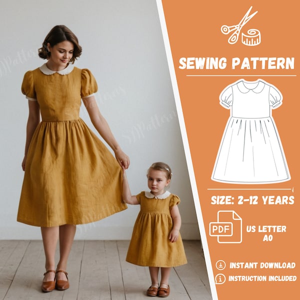 Set Dress Mother Daughter, Sewing Pattern, Peter Pan Collar, Puff Sleeve Dress, Linen Dress, Gathered Skirt, 2-12 years old, XS-5XL