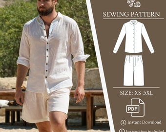 Man Loungewear Linen Set Sewing Pattern Summer Blouse and Shorts Pattern Linen Blouse Loose Shorts PDF Pattern