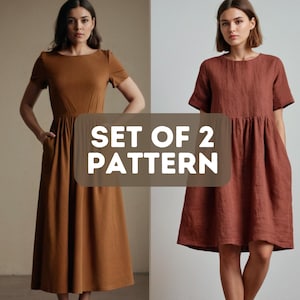 May include: Set of 2 sewing patterns for a simple, loose-fitting dress with short sleeves and pockets. The dress is shown in two colors: brown and rust.