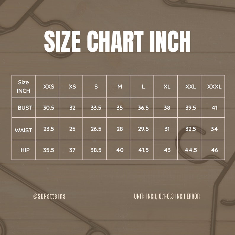 Puede incluir: Tabla de tallas en pulgadas para ropa con medidas de busto, cintura y cadera. Las tallas incluyen XXS, XS, S, M, L, XL, XXL y XXXL.