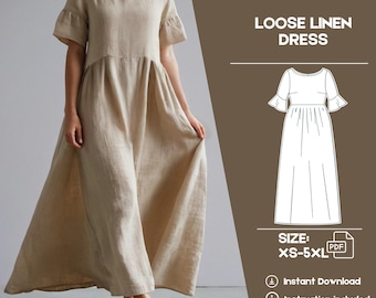 Linen Maxi Dress Sewing Pattern, Boho Loose Fit Dress, Women's Summer Dress, PDF Pattern, A-Line Dress Pattern, Ruffle Sleeve