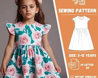 Girls Flutter Sleeve Dress Pattern – PDF Sewing Pattern – Toddler Child Dress with Gathered Skirt – Sizes 2T-12Y Children Dress Kids