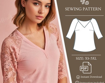 Women V Neck Shirt Sewing Pattern Long Sleeve Loose PDF Sewing Pattern, Oversized T Shirt