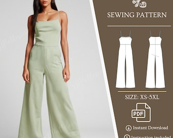 Spaghetti Wide Leg Sewing Jumpsuit Pattern, Sleeveless Jumpsuit, PDF Instant Download, XS-5XL, Instructions Step by Step