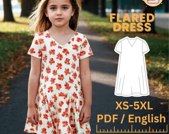 Girls Floral V-Neck Dress Pattern – PDF Sewing Pattern for Kids – Kid's Summer Twirl Dress with Ruffle Skirt – Sizes 2T-12Y