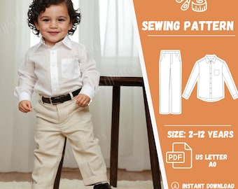 Boys Shirt and Pants Suit Sewing Pattern Classic Pants for Kids Pattern Boys Pocket Shirt Pattern 2 - 12 Years Pattern Beginner Friendly