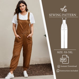 Peut inclure: Patron de couture pour une combinaison-salopette marron avec poches. Le patron comprend des instructions et est disponible en téléchargement au format PDF. Les tailles vont du XS au 3XL.