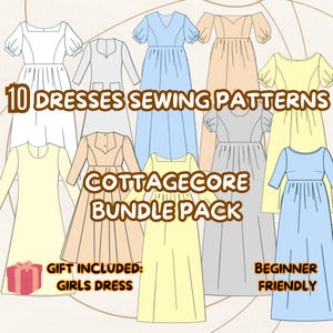 Dress Sewing Pattern Bundle, Cottagecore Dress Pattern, Renaissance Linen Dress,Puff Flare Bishop Straps Sleeve Dresses,Gift Dress For Girls