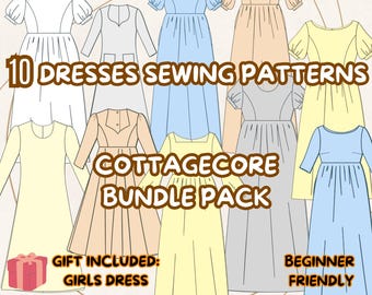 Dress Sewing Pattern Bundle, Cottagecore Dress Pattern, Renaissance Linen Dress,Puff Flare Bishop Straps Sleeve Dresses,Gift Dress For Girls