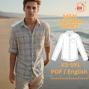 May include: A digital download PDF pattern for a men's Laguna shirt. The pattern includes sizes XS-5XL and is written in English. The image shows a man wearing a plaid shirt and a line drawing of the shirt pattern.