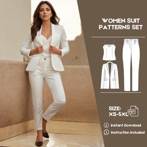 May include: A digital download pattern set for a white suit. The pattern includes a blazer, pants, and a sleeveless top. The pattern is available in sizes XS-5XL. The text "WOMEN SUIT PATTERNS SET" and "SIZE: XS-5XL PDF" is included in the image.