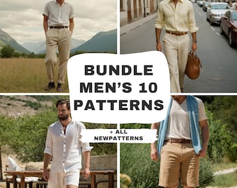 May include: A collage of four images featuring men wearing different styles of shirts and pants. The text "Bundle Men's 10 Patterns + All Newpatterns" is displayed in the center of the collage.
