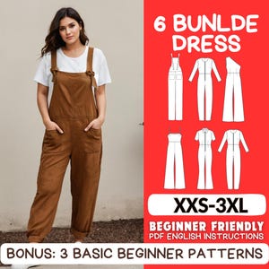 May include: A digital download of six dress patterns in various styles. The patterns are for sizes XXS-3XL and are beginner friendly. The listing also includes three basic beginner patterns as a bonus. The image shows a woman wearing a brown jumpsuit.