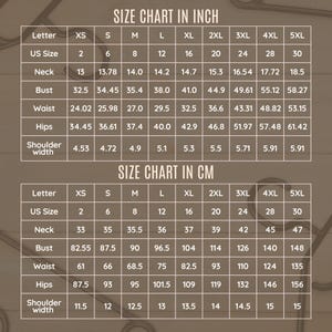 Puede incluir: Tabla de tallas en pulgadas y cent&iacute;metros para tallas de ropa XS a 5XL. La tabla incluye medidas de cuello, busto, cintura, caderas y ancho de hombros.