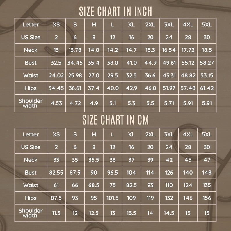 Puede incluir: Tabla de tallas en pulgadas y cent&iacute;metros para tallas de ropa XS a 5XL. La tabla incluye medidas de cuello, busto, cintura, caderas y ancho de hombros.