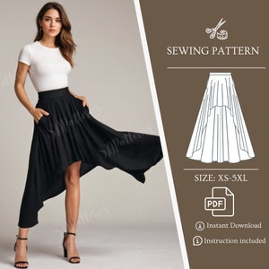 May include: A sewing pattern for a high-low skirt. The pattern is for sizes XS-5XL and includes instructions. The pattern is available for instant download as a PDF.