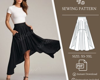 High Low Hem Skirt Sewing Pattern High Waist Circle Women Skirt PDF Instant Download Pattern Easy Instructions