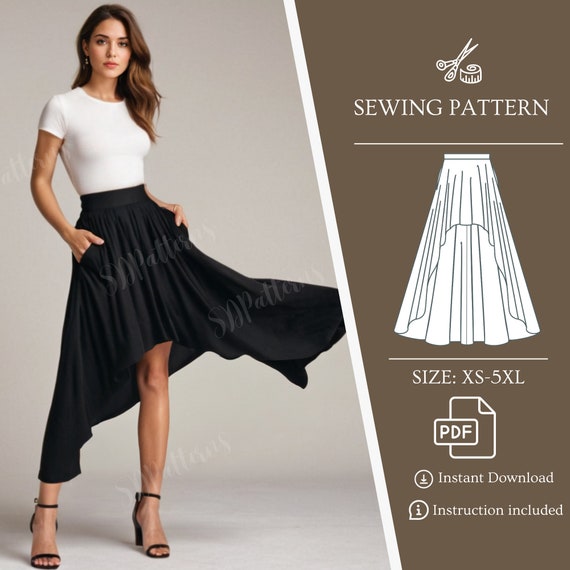 High Low Hem Skirt Sewing Pattern High Waist Circle Women