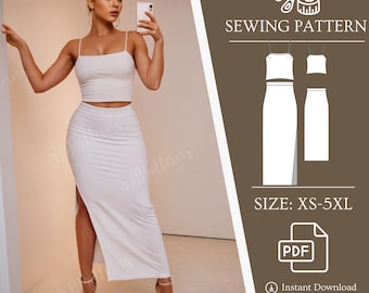 Patrón de costura de top corto y falda Patrón de falda con abertura en la parte superior con tirantes, Patrón de falda larga de hadas, Patrón de camiseta sin mangas para adolescentes, Conjunto de patrones fáciles para tallas XS-5XL