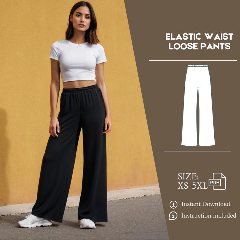 Pu&ograve; includere: Un modello di pantaloni larghi con elastico in vita scaricabile digitalmente. Il modello &egrave; disponibile nelle taglie XS-5XL. L'immagine mostra una donna che indossa pantaloni neri realizzati con il modello.