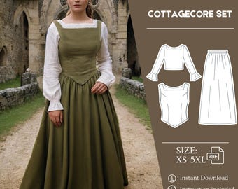 Renaissance Linen Set Sewing Pattern, Sleeveless Vest Corset, Flared Shirt Tunic, Gathered A-Line Skirt, Cottagecore Clothes, PDF