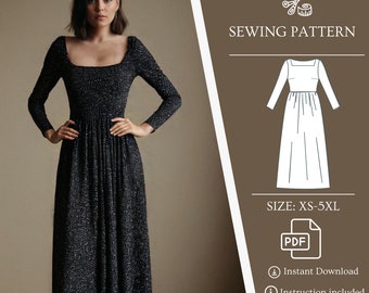 Square Neck Dress PDF Pattern, Long Sleeve Dress Sewing Pattern, Formal Dress Pattern, Gathered Dress, Gift