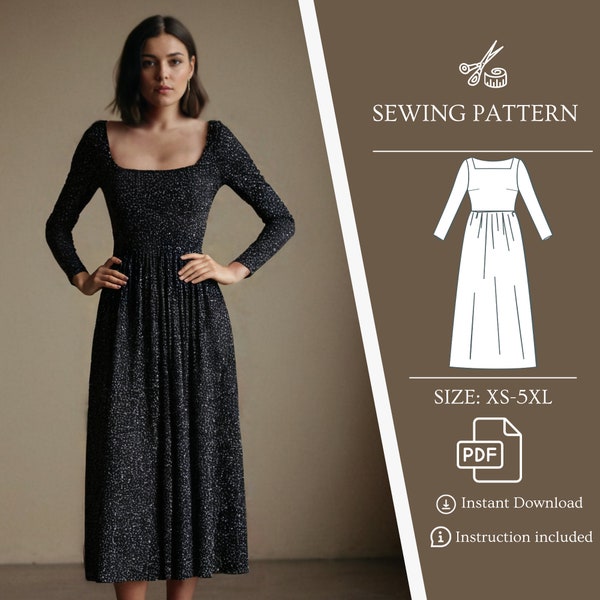 Square Neck Dress PDF Pattern, Long Sleeve Dress Sewing Pattern, Formal Dress Pattern, Gathered Dress, Gift