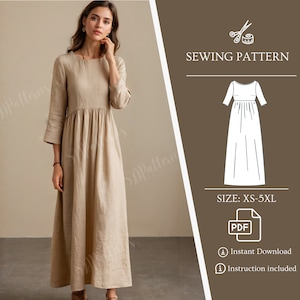 Long Linen Dress Patter Easy dress pattern pdf Cottagecore dress Linen Dress Boho Dress Sewing Pattern