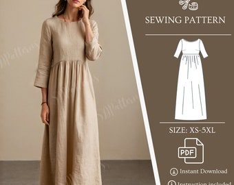 Long Linen Dress Patter Easy dress pattern pdf Cottagecore dress Linen Dress Boho Dress Sewing Pattern