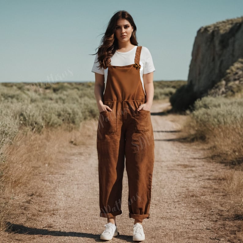 Puede incluir: Un mono marr&oacute;n con tirantes ajustables y bolsillos grandes. La modelo lleva una camiseta blanca debajo del mono y zapatillas blancas.