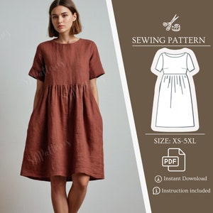 A-Line Loose Dress, Linen Dress, Sewing PDF pattern dress, Hight waist linen dress, do it yourself, tutorial pdf sewing size XS-5XL