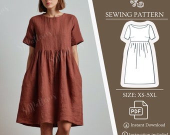 A-lijn losse jurk, linnen jurk, naaien PDF patroon jurk, hoge taille linnen jurk, doe het zelf, tutorial pdf naaimaat XS-5XL